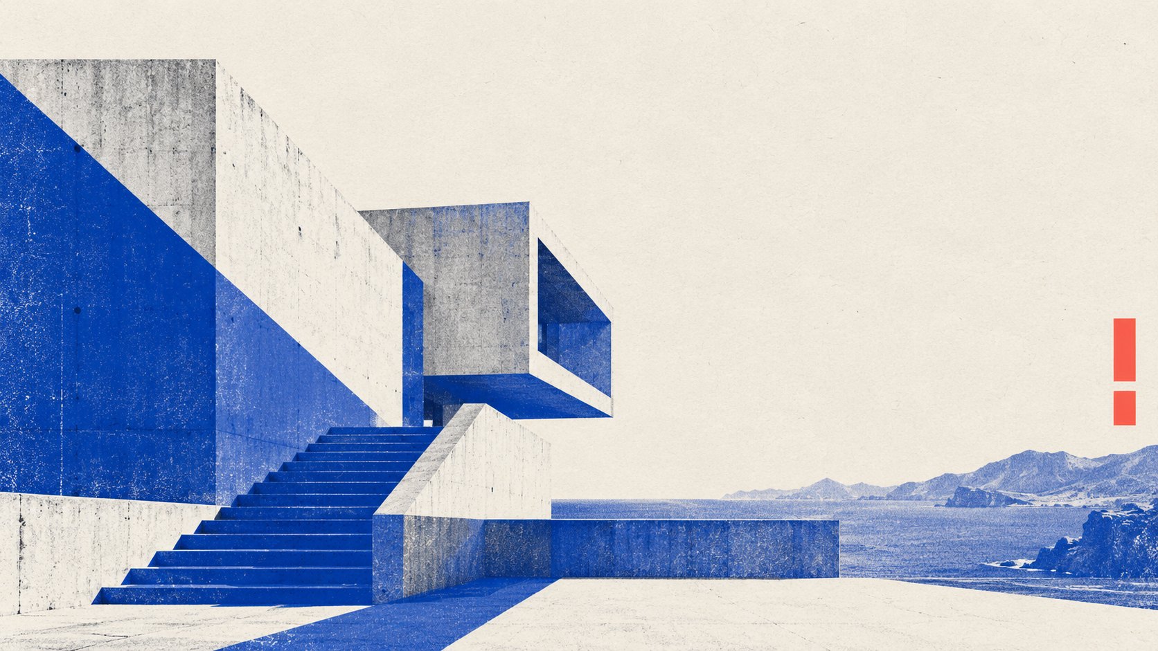 Arquitectura de hormigón frente al mar, con planos en azul